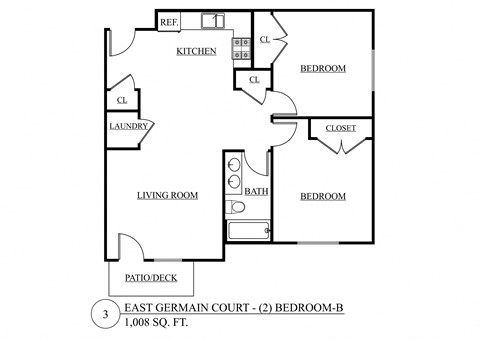 Floor plan for 2 beds, 1 bath, 1008 sqft